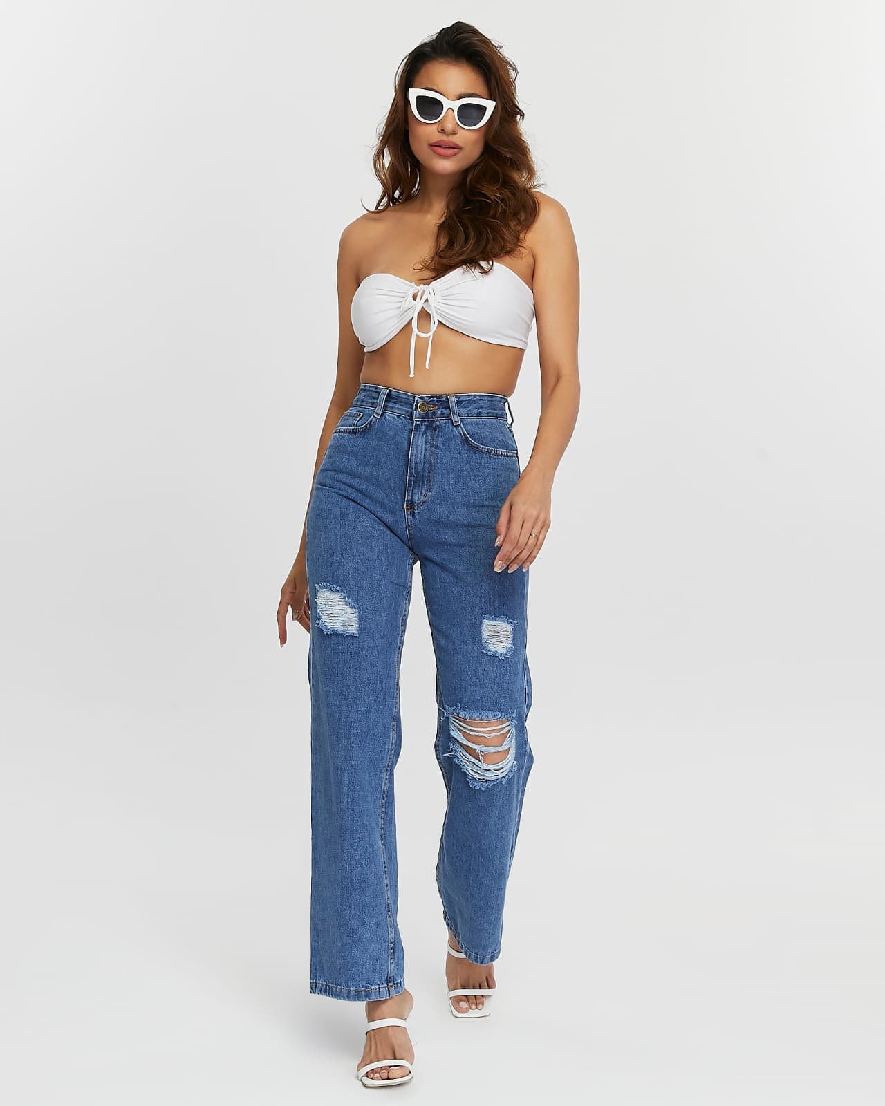 Vovishop KN Laser Ripped Women's Boyfriend Wide Leg Jean