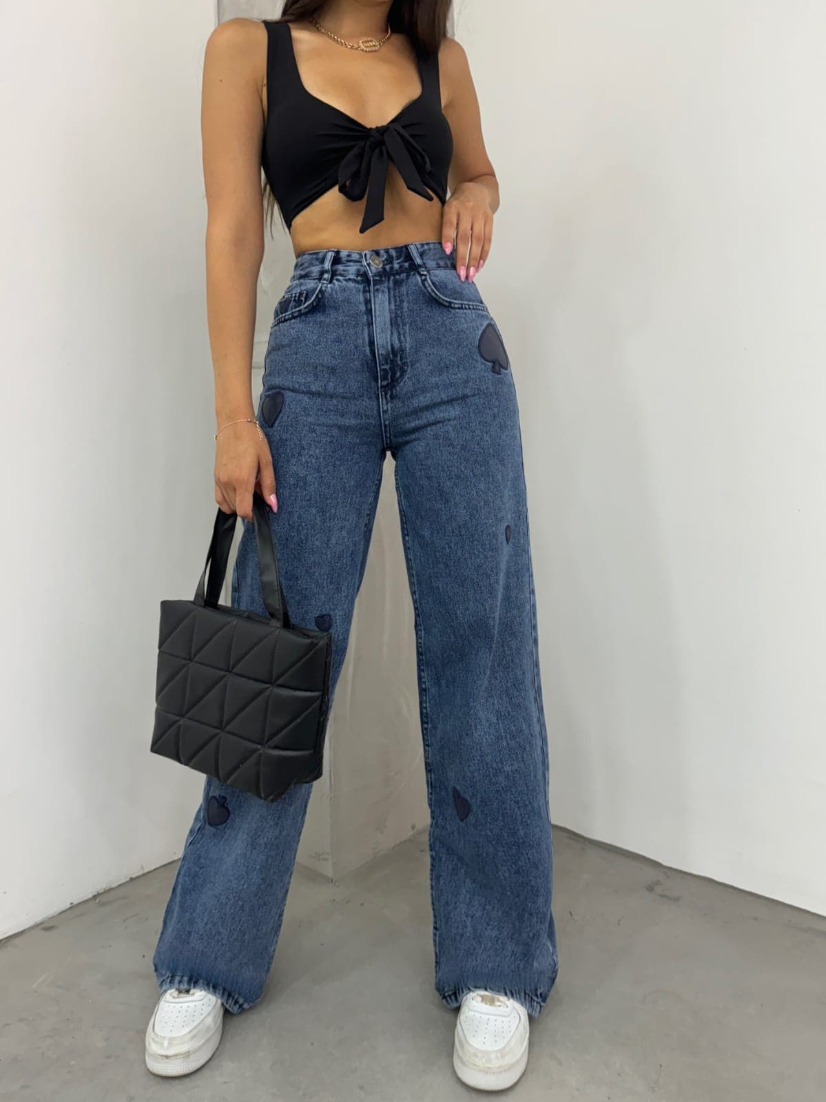 Vovishop KN Star Embroidered Stone Washed Wide Leg Women Jean