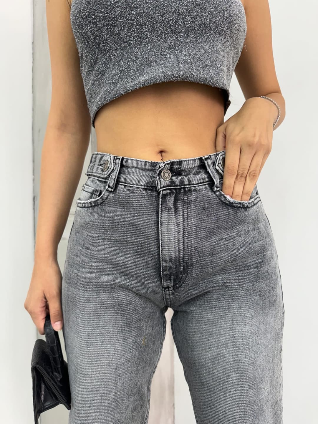 Vovishop Snow Black Belted Epaulette Women's Mom Jean-6