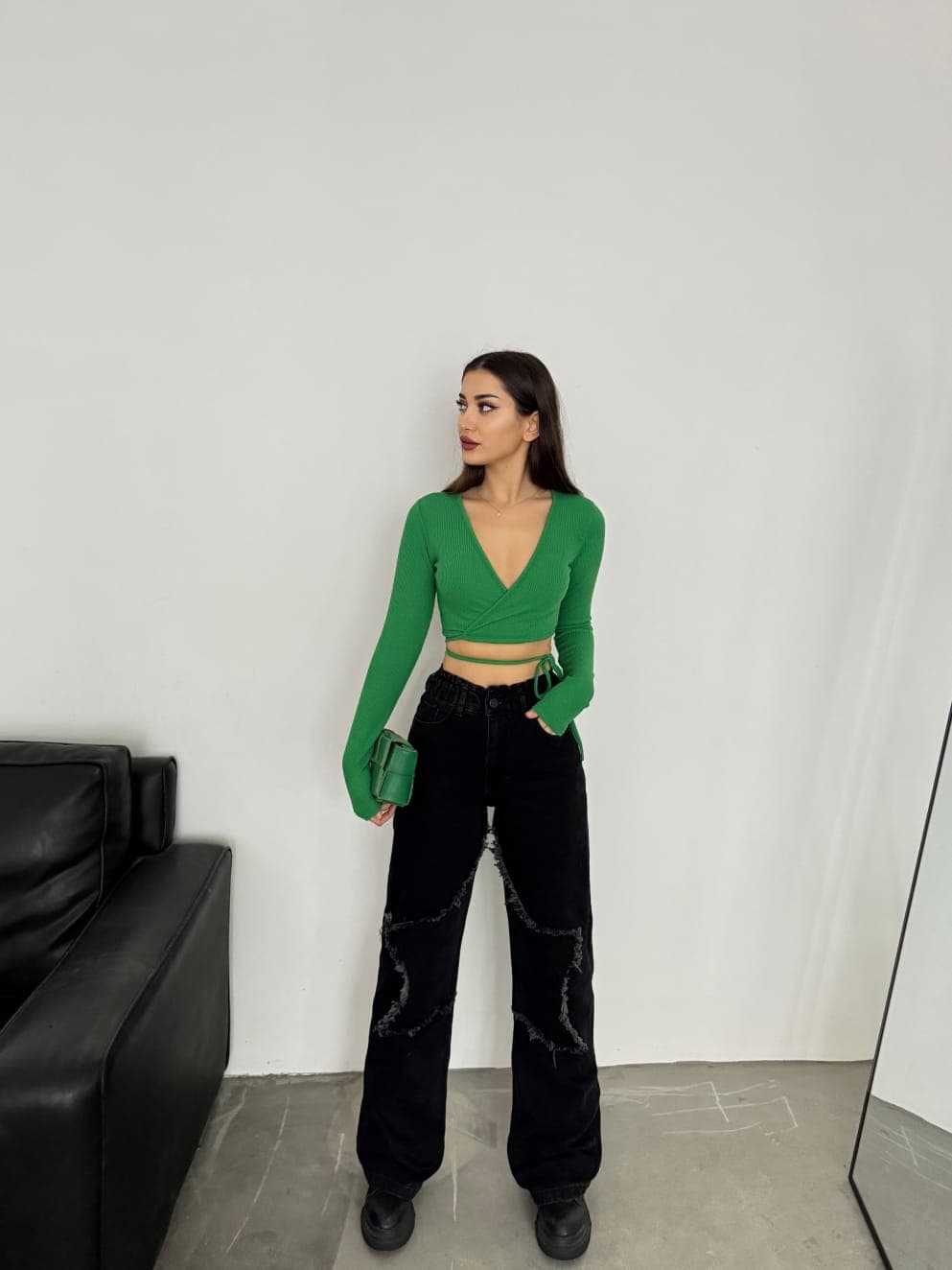 Vovishop Black Wide Leg Jeans with Star Embroidery on Leg