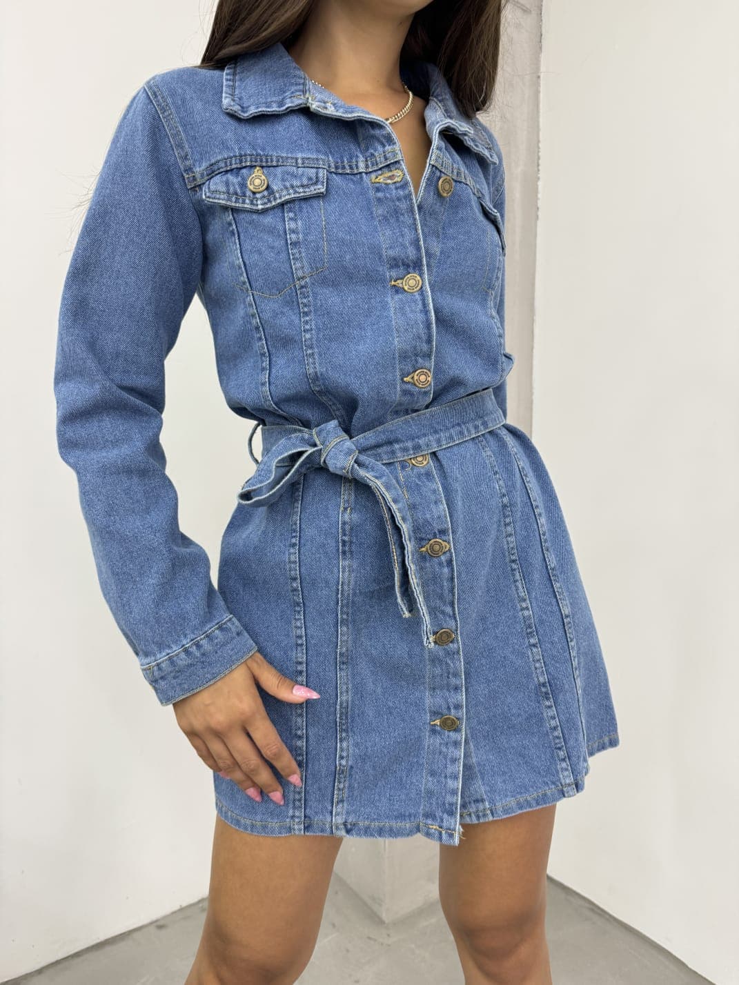 Belted Double Pocket Blue Denim Dress